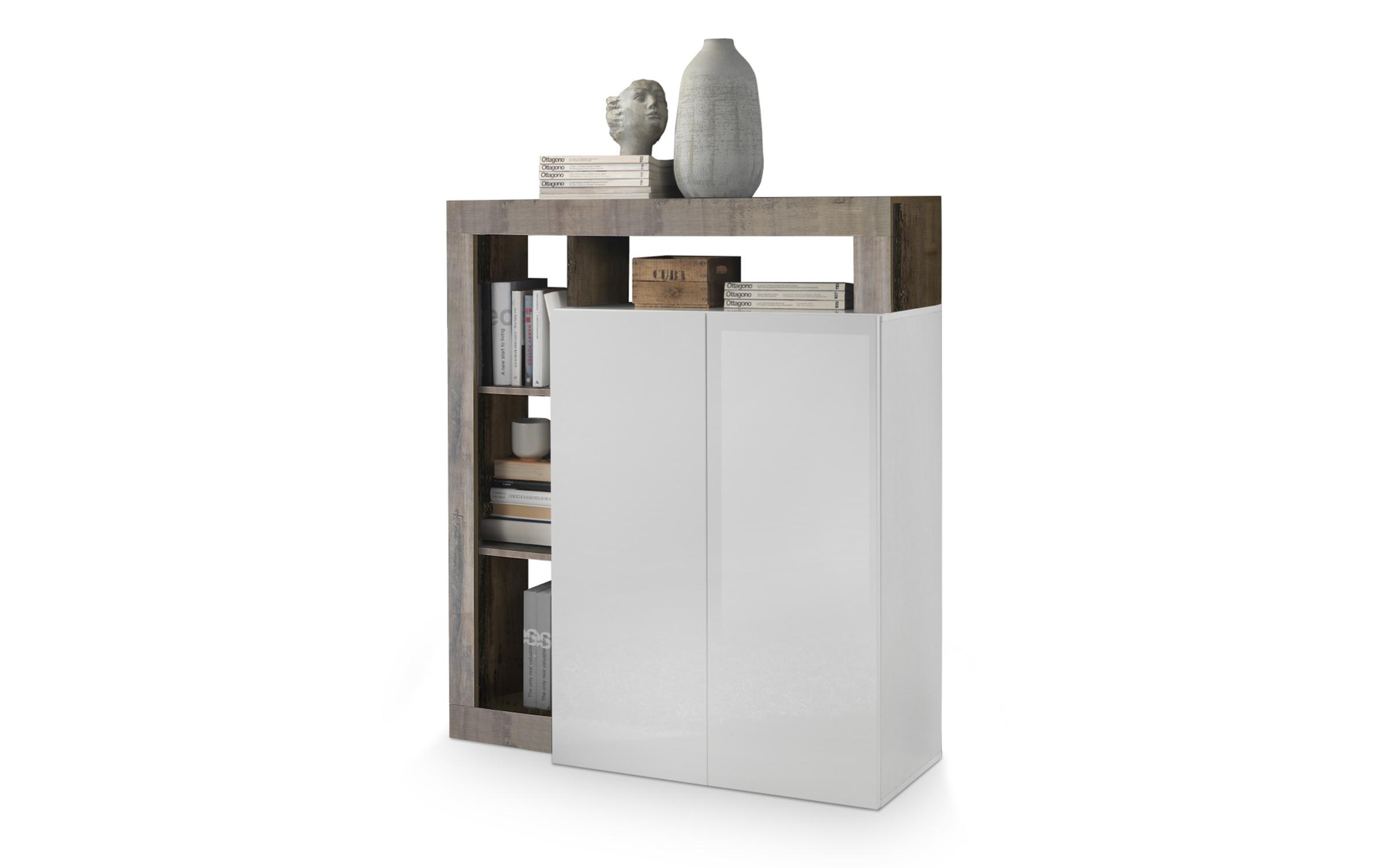 Comoda Treza 108, alb lucios + stejar Feather  2